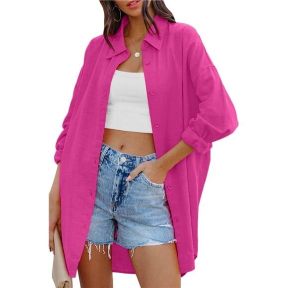 Women's Oversized Button Down Shirts Casual Loose Long Sleeve Long Blouse - Picture 2 of 6